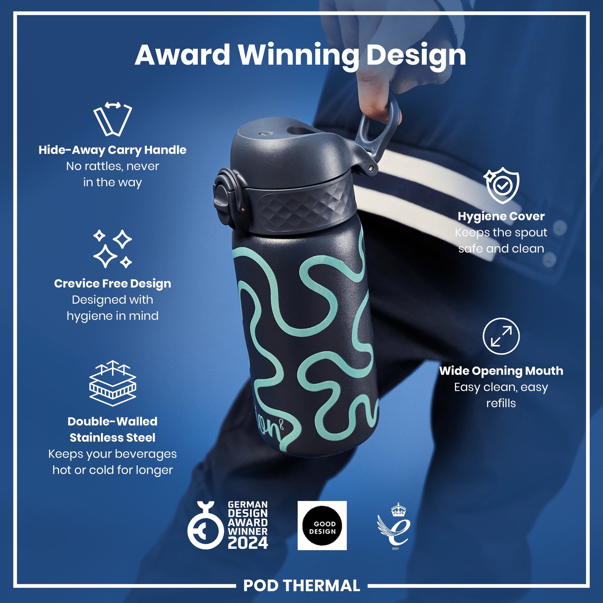 A dark-teal patterned water bottle is being held; it features a hide-away handle, a wide mouth, and a hygienic design. The bottle is double-walled stainless steel, keeping beverages hot or cold. It's an award-winning design.