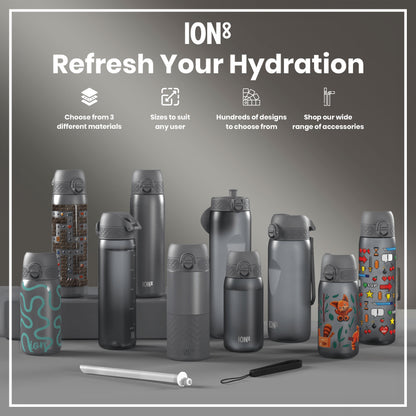 Several ION8 water bottles, in various sizes and designs, are displayed on a gray surface. They are shown with accompanying accessories. The text reads: ION8 Refresh Your Hydration; Choose from 3 different materials; Sizes to suit any user; Hundreds of designs to choose from; Shop our wide range of accessories.