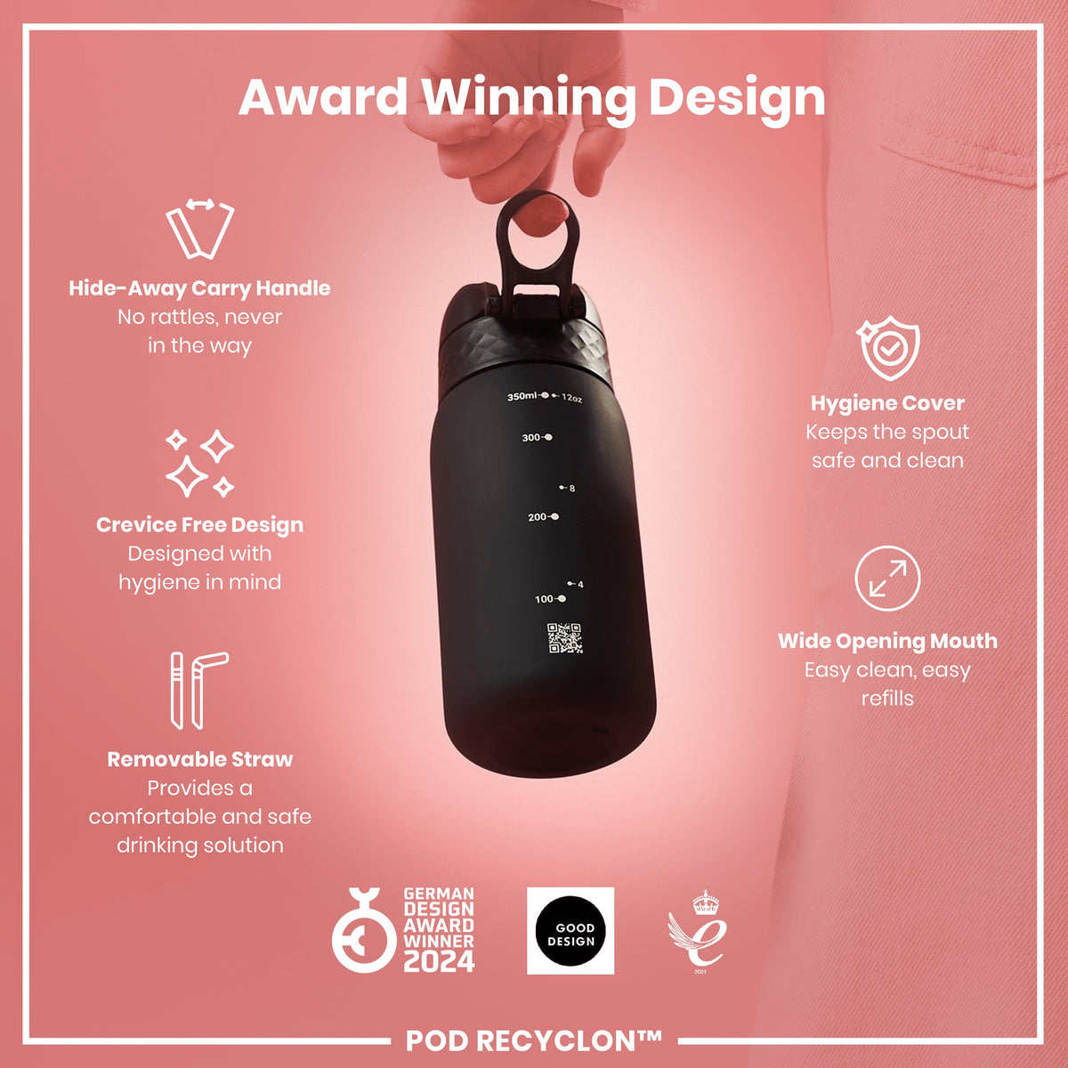 Leak Proof Small Water Bottle With Straw, Recyclon, Black, 350ml (12oz)
