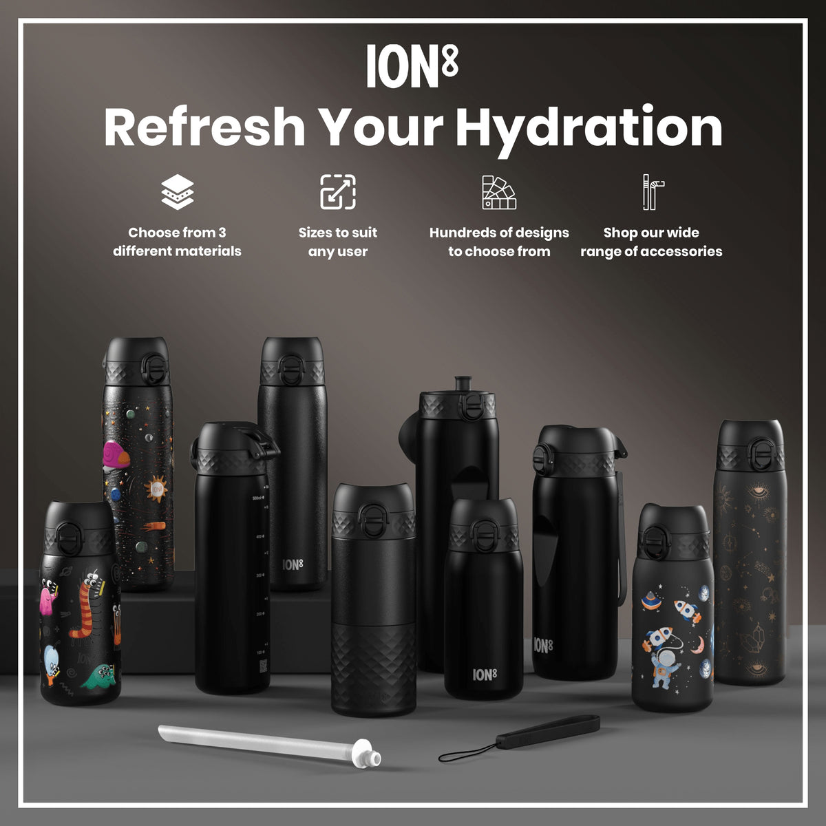 Leak Proof Small Water Bottle With Straw, Recyclon, Black, 350ml (12oz)