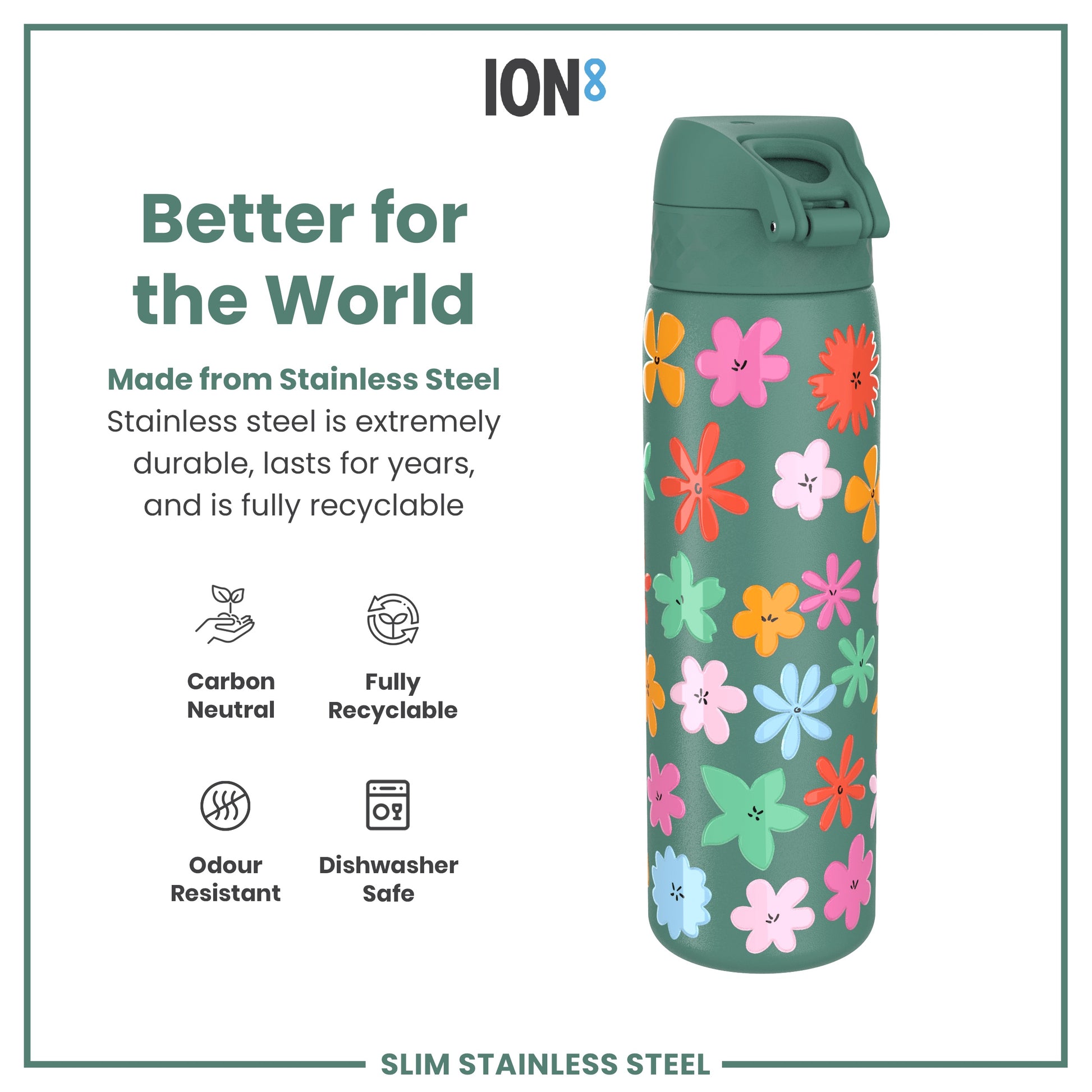 A floral-patterned stainless steel water bottle sits against a white background. It is described as better for the world, carbon neutral, fully recyclable, odour resistant, and dishwasher safe.