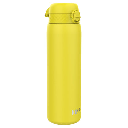 A yellow ION8 water bottle stands upright against a white background. The bottle has a textured lid with a flip-top mechanism.