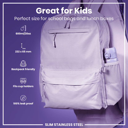 A lilac water bottle fits in a backpack's side pocket. It’s 600ml/20oz, 232 x 65mm, leakproof, and fits cup holders. The bottle is advertised as great for kids.