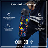 A patterned water bottle is being held; its features are highlighted, including a hide-away handle, hygiene cover, and wide mouth. The bottle is award-winning and called 