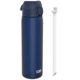 A dark-blue water bottle, with a dark-blue cap and carrying loop, sits beside its detached white straw. ION8 is printed on the bottle.
