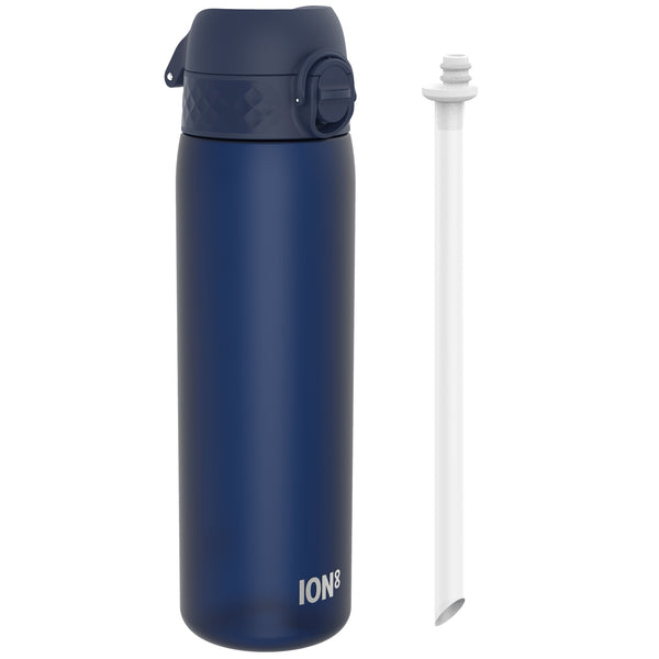 A dark-blue water bottle, with a dark-blue cap and carrying loop, sits beside its detached white straw. ION8 is printed on the bottle.