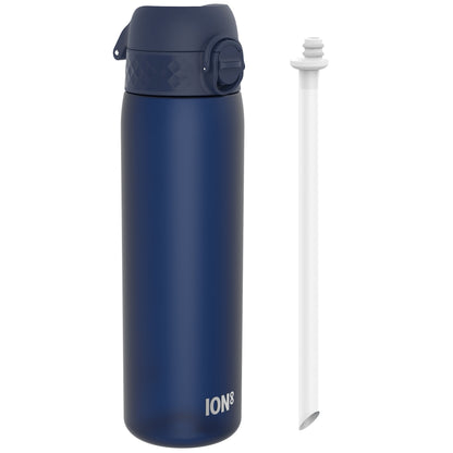 A dark-blue water bottle, with a dark-blue cap and carrying loop, sits beside its detached white straw. ION8 is printed on the bottle.