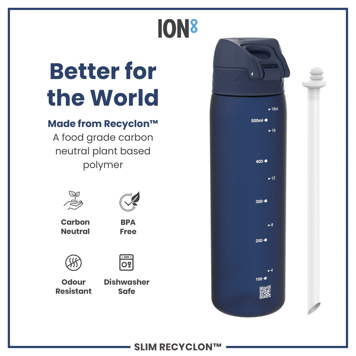 A dark-blue water bottle sits next to its white straw; it's made from a plant-based polymer, is BPA-free, and dishwasher safe. The bottle is marked with volume measurements in milliliters and ounces.