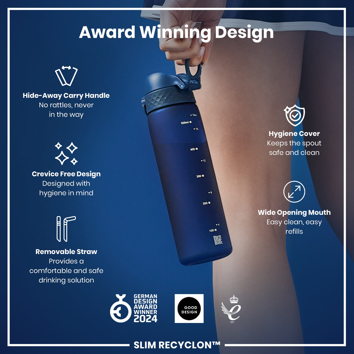 A blue water bottle is being held; it features a hide-away handle, removable straw, and wide mouth. The bottle's design prioritizes hygiene, and it's an award-winning design.