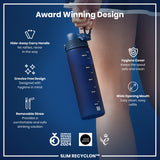 A blue water bottle is being held; it features a hide-away handle, removable straw, and wide mouth. The bottle's design prioritizes hygiene, and it's an award-winning design.