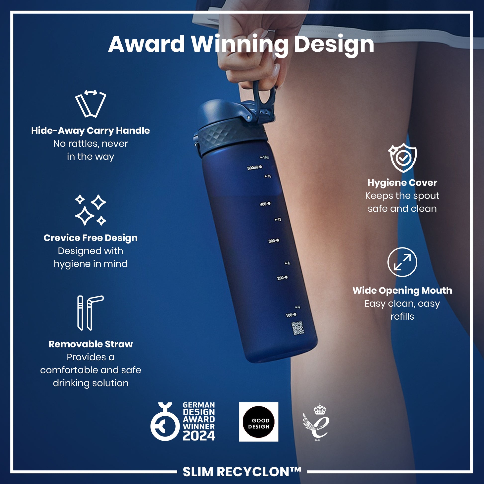 A blue water bottle is being held; it features a hide-away handle, removable straw, and wide mouth. The bottle's design prioritizes hygiene, and it's an award-winning design.