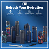 Several ION8 water bottles, in various sizes and designs, are displayed on a blue background. Accessories are shown alongside. The text reads: 