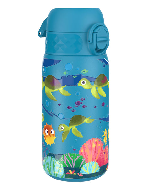 A blue water bottle, featuring cartoon sea turtles, fish, and coral, sits against a white background.