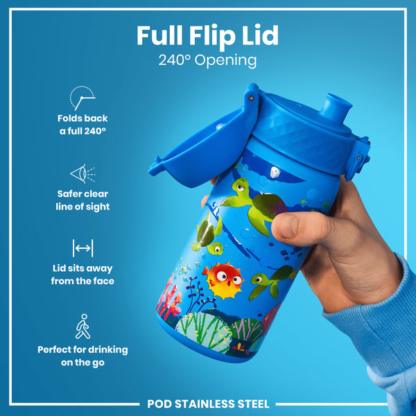 A blue, child-sized water bottle with a full flip lid and undersea creature print is held by a hand; the lid folds back 240 degrees. The bottle is designed for on-the-go use. It's made of stainless steel.