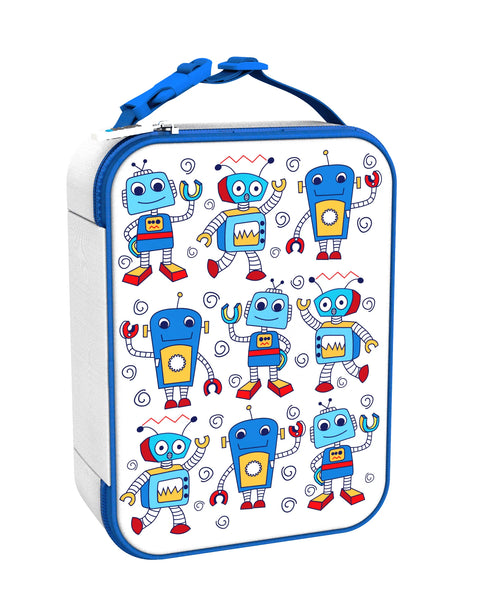 Colorful lunchbox featuring cartoon robots in blue and red waving and dancing on a white background with spiral patterns. Blue handle and zipper detail the design.