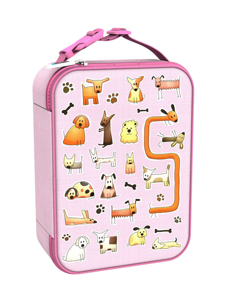 A pink lunchbox featuring various cartoon dogs and playful illustrations such as bones and paw prints scattered across its surface with a pink handle on top.