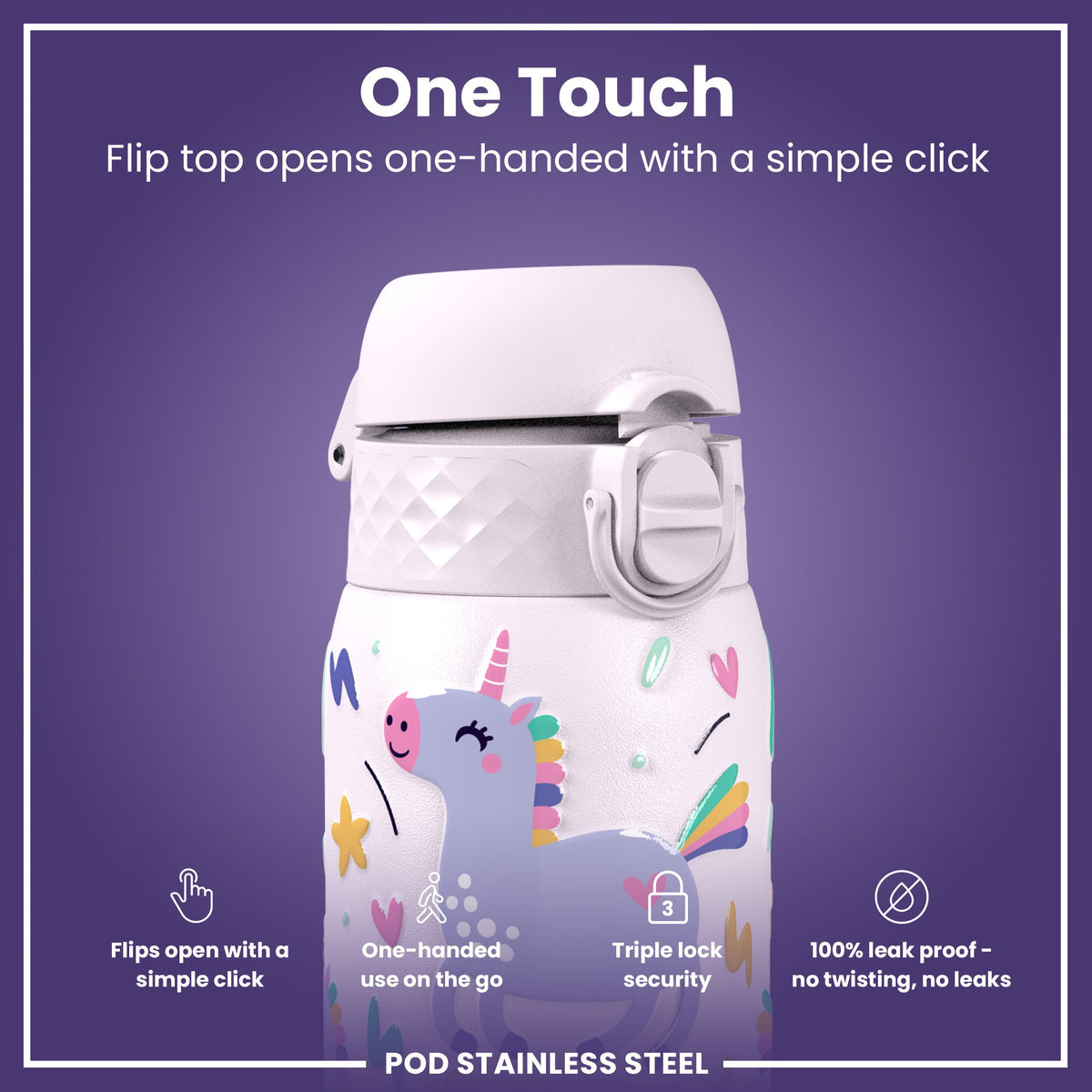 Leak Proof Kids Water Bottle, Stainless Steel, Unicorns, 400ml (13oz)
