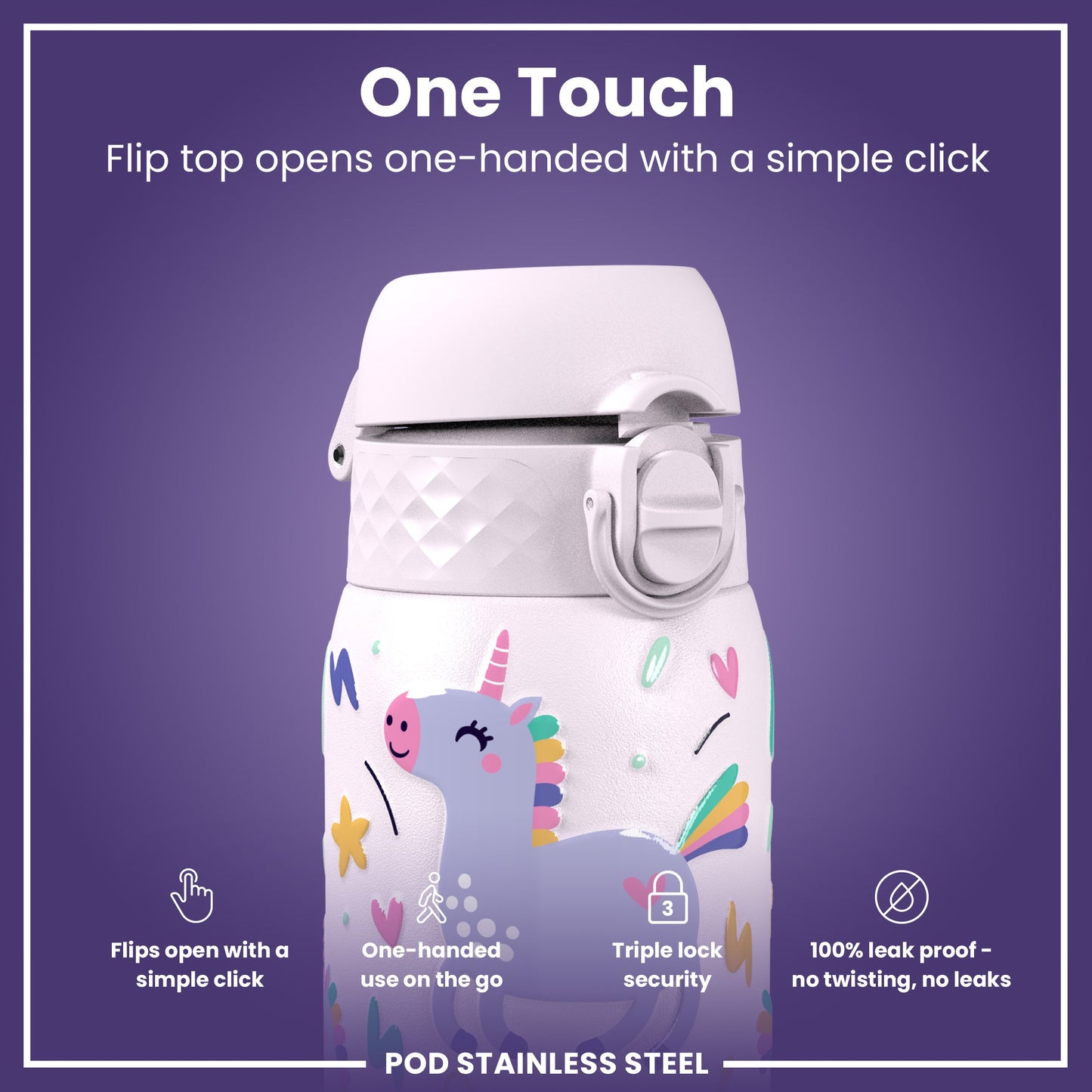 Leak Proof Kids Water Bottle, Stainless Steel, Unicorns, 400ml (13oz)