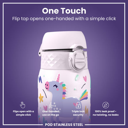 Leak Proof Kids Water Bottle, Stainless Steel, Unicorns, 400ml (13oz)