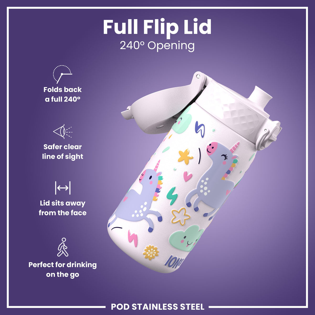 Leak Proof Kids Water Bottle, Stainless Steel, Unicorns, 400ml (13oz)