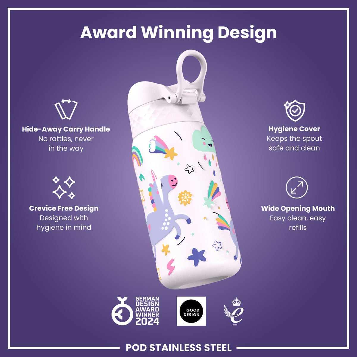 Leak Proof Kids Water Bottle, Stainless Steel, Unicorns, 400ml (13oz)