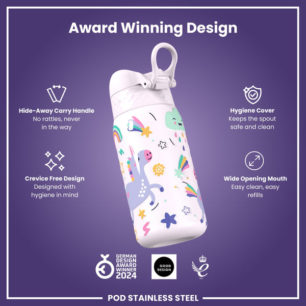 Leak Proof Kids Water Bottle, Stainless Steel, Unicorns, 400ml (13oz)