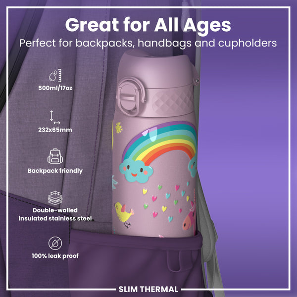 Leak Proof Slim Thermal Steel Water Bottle, Insulated, Unicorns, 500ml (17oz)