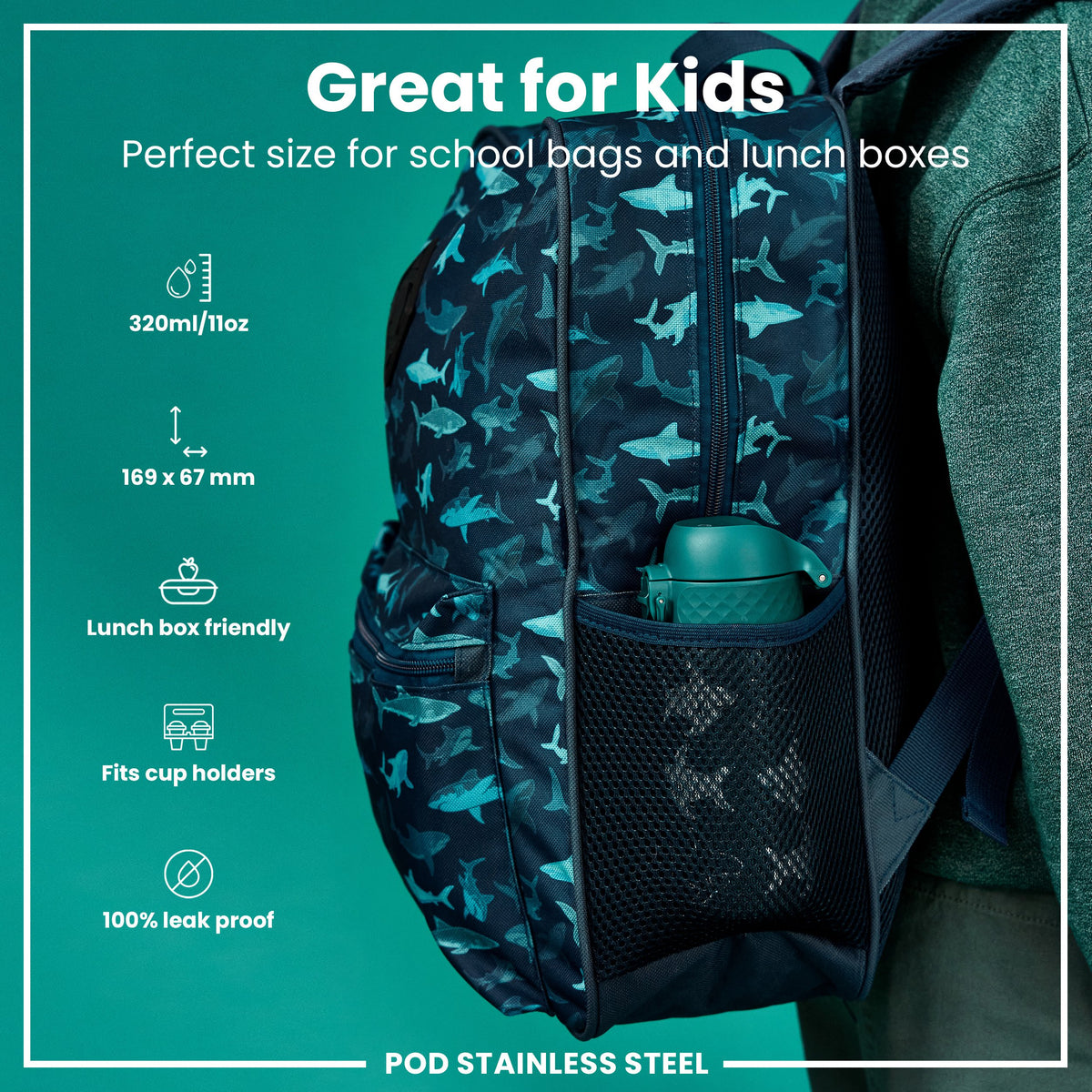 Leak Proof Thermal Steel Water Bottle, Insulated, Sharks, 320ml (11oz)