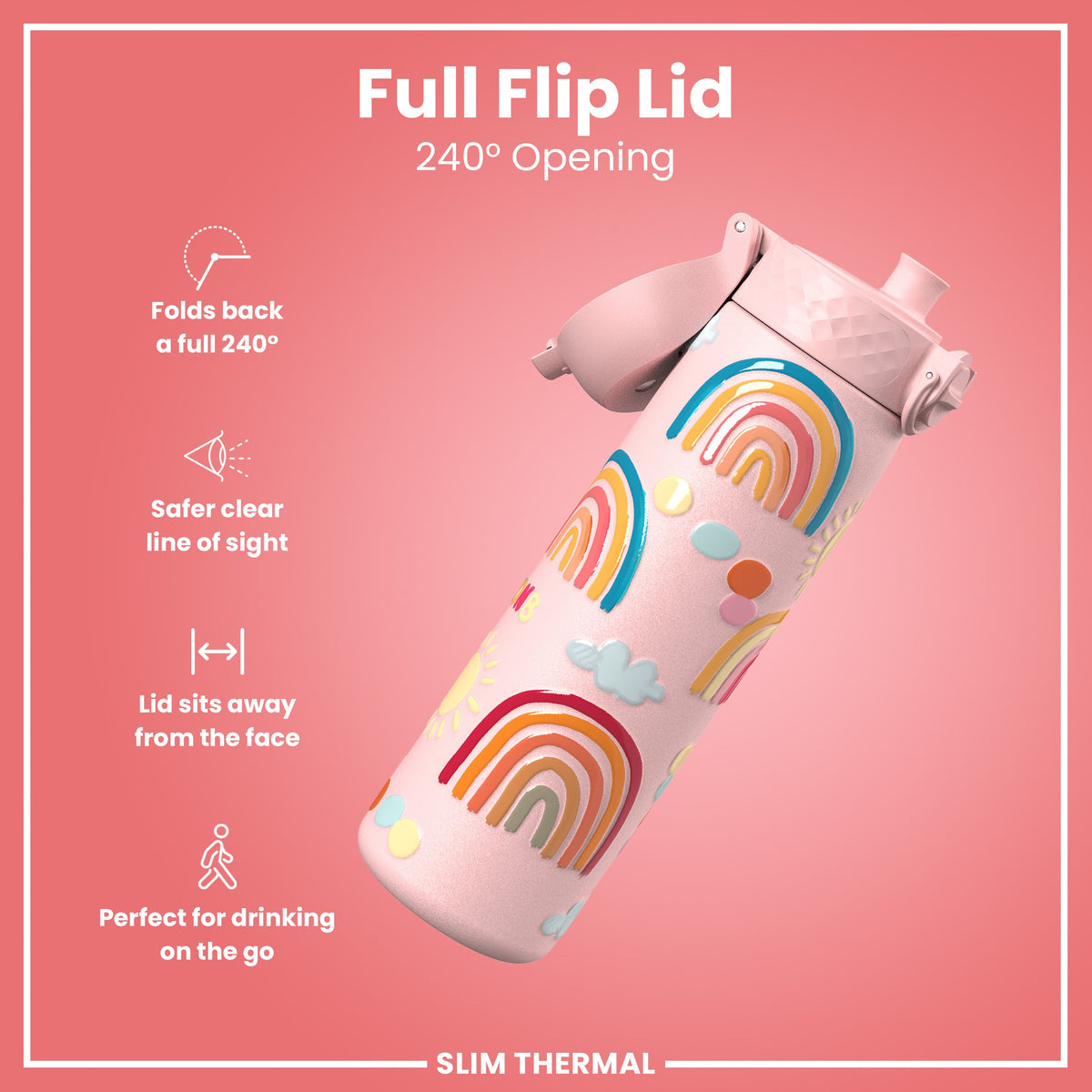 Leak Proof Slim Thermal Steel Water Bottle, Insulated, Rainbows, 500ml (17oz)