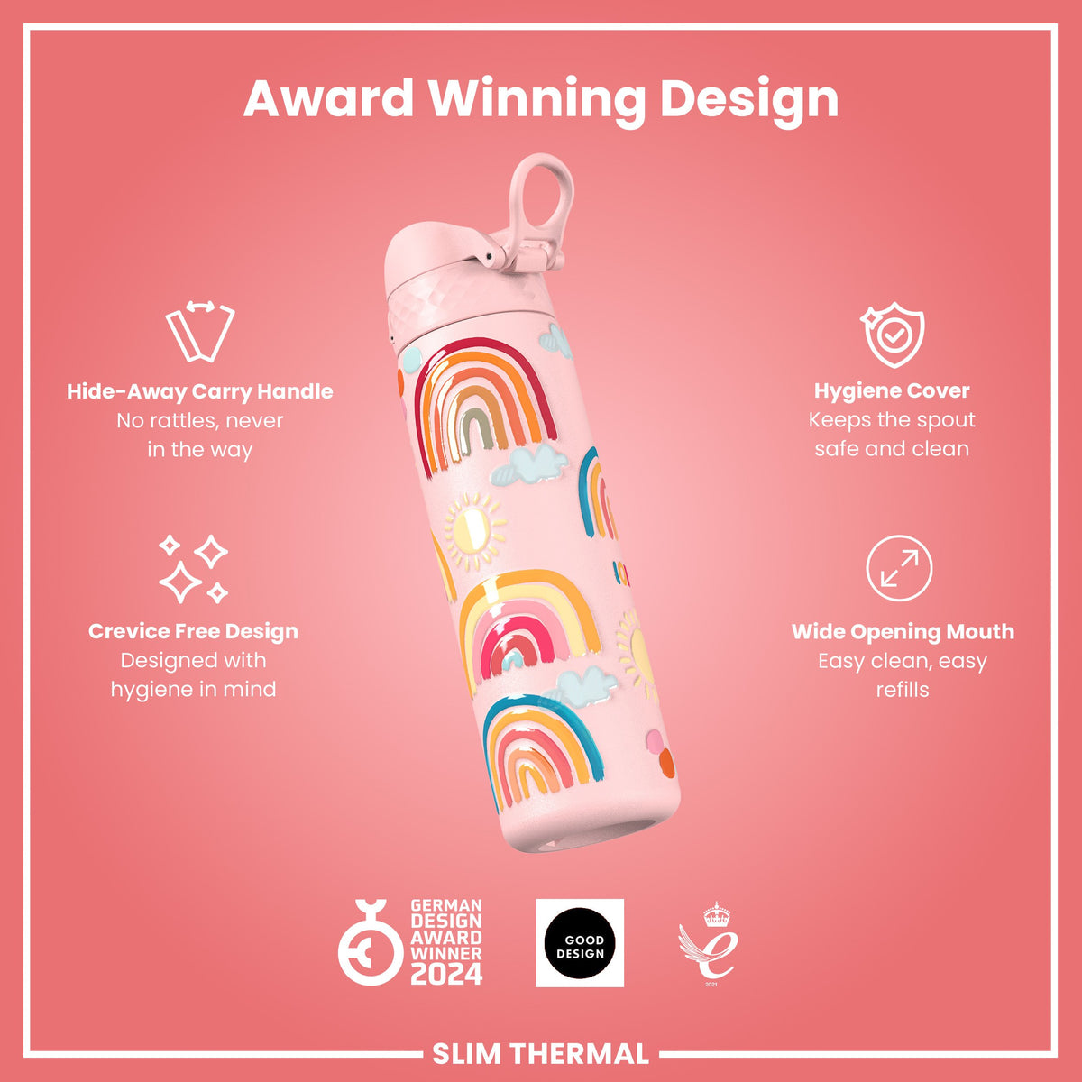 Leak Proof Slim Thermal Steel Water Bottle, Insulated, Rainbows, 500ml (17oz)
