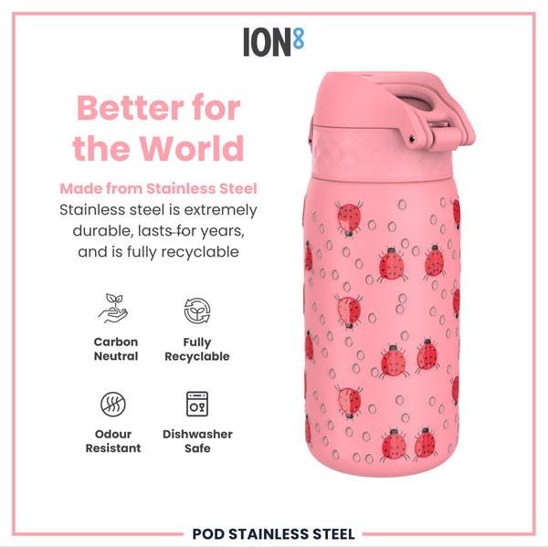 Leak Proof Kids Water Bottle, Stainless Steel, Ladybugs, 400ml (13oz)