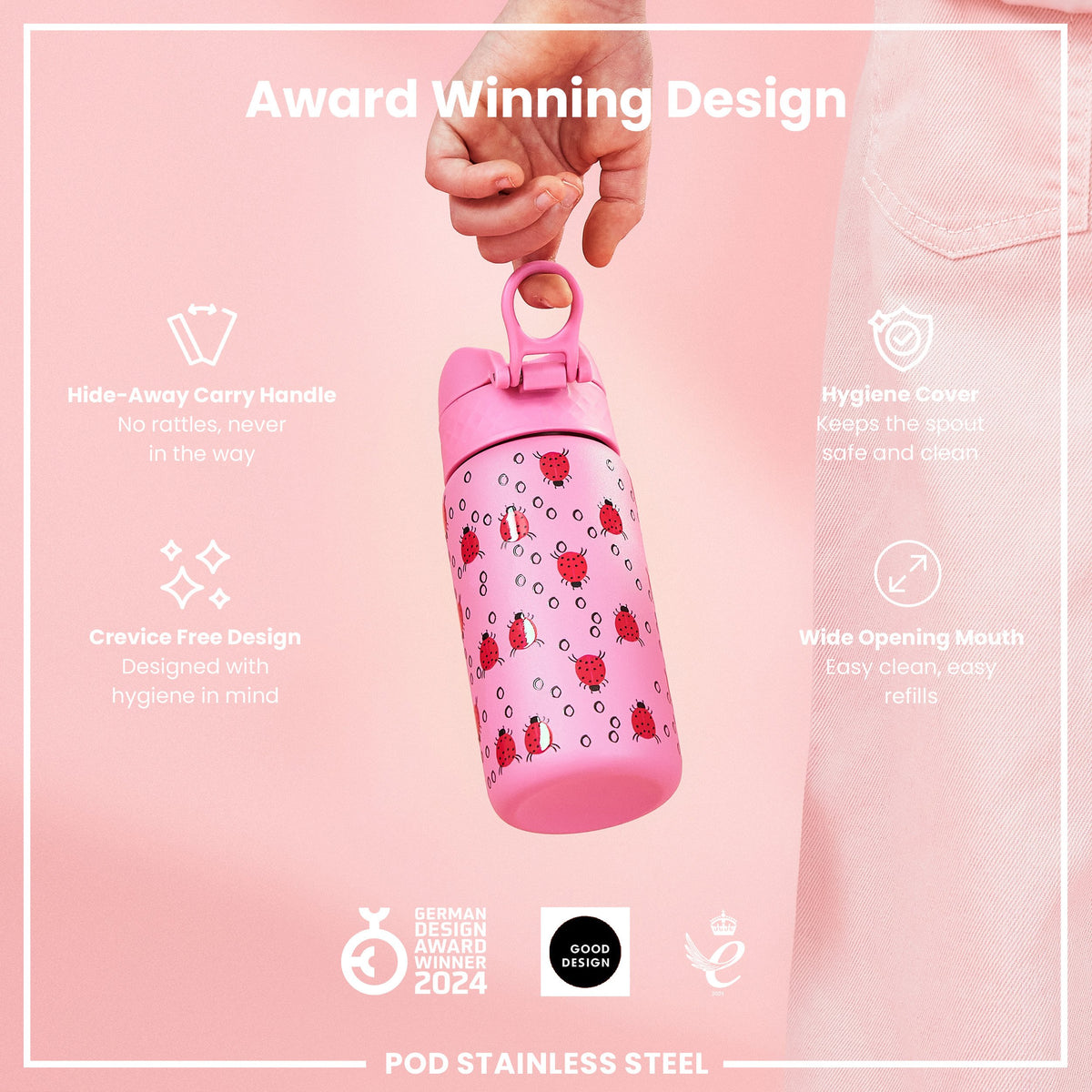 Leak Proof Kids Water Bottle, Stainless Steel, Ladybugs, 400ml (13oz)