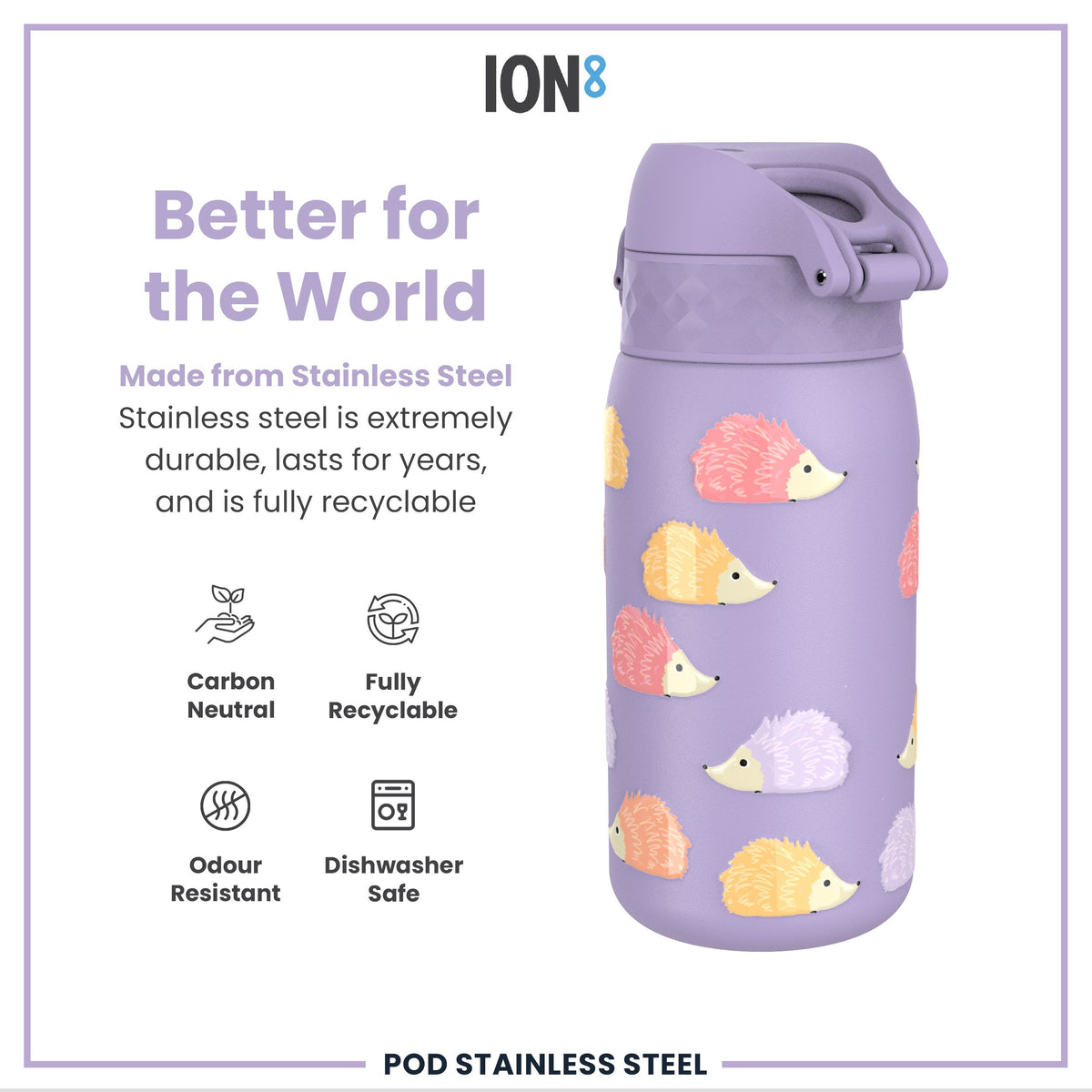 Leak Proof Kids Water Bottle, Stainless Steel, Hedgehogs, 400ml (13oz)