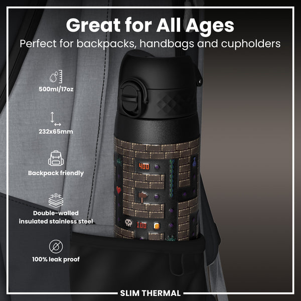 Leak Proof Slim Thermal Water Bottle, Insulated Steel, Gamer, 500ml (17oz)