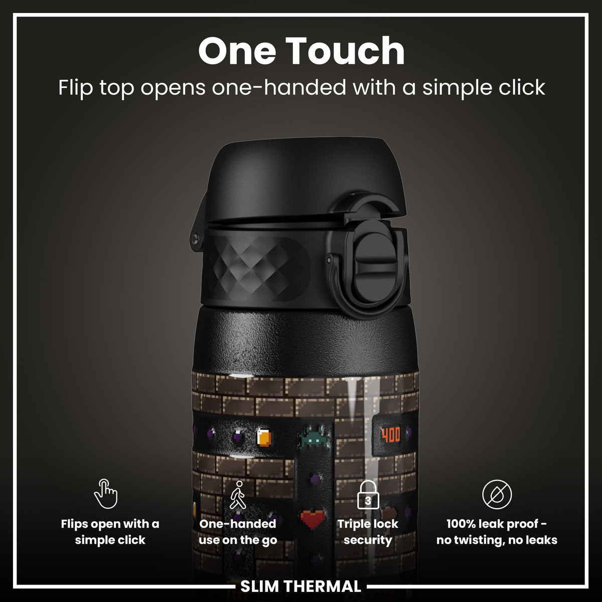 Leak Proof Slim Thermal Water Bottle, Insulated Steel, Gamer, 500ml (17oz)