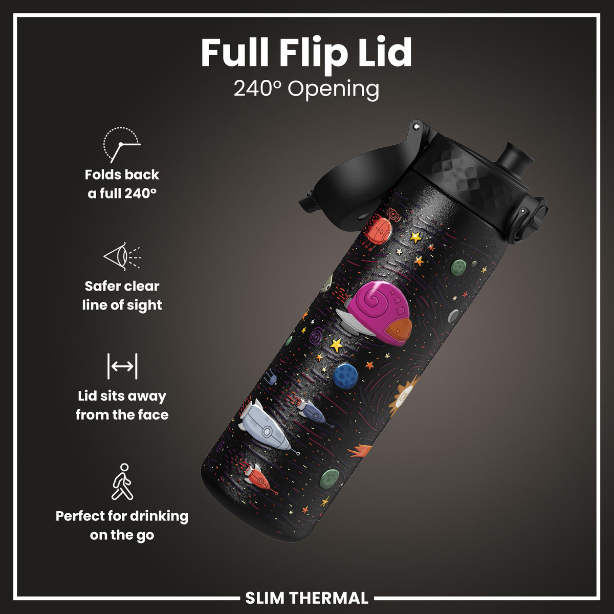 Leak Proof Slim Thermal Water Bottle, Insulated Steel, Spaceships, 500ml (17oz)