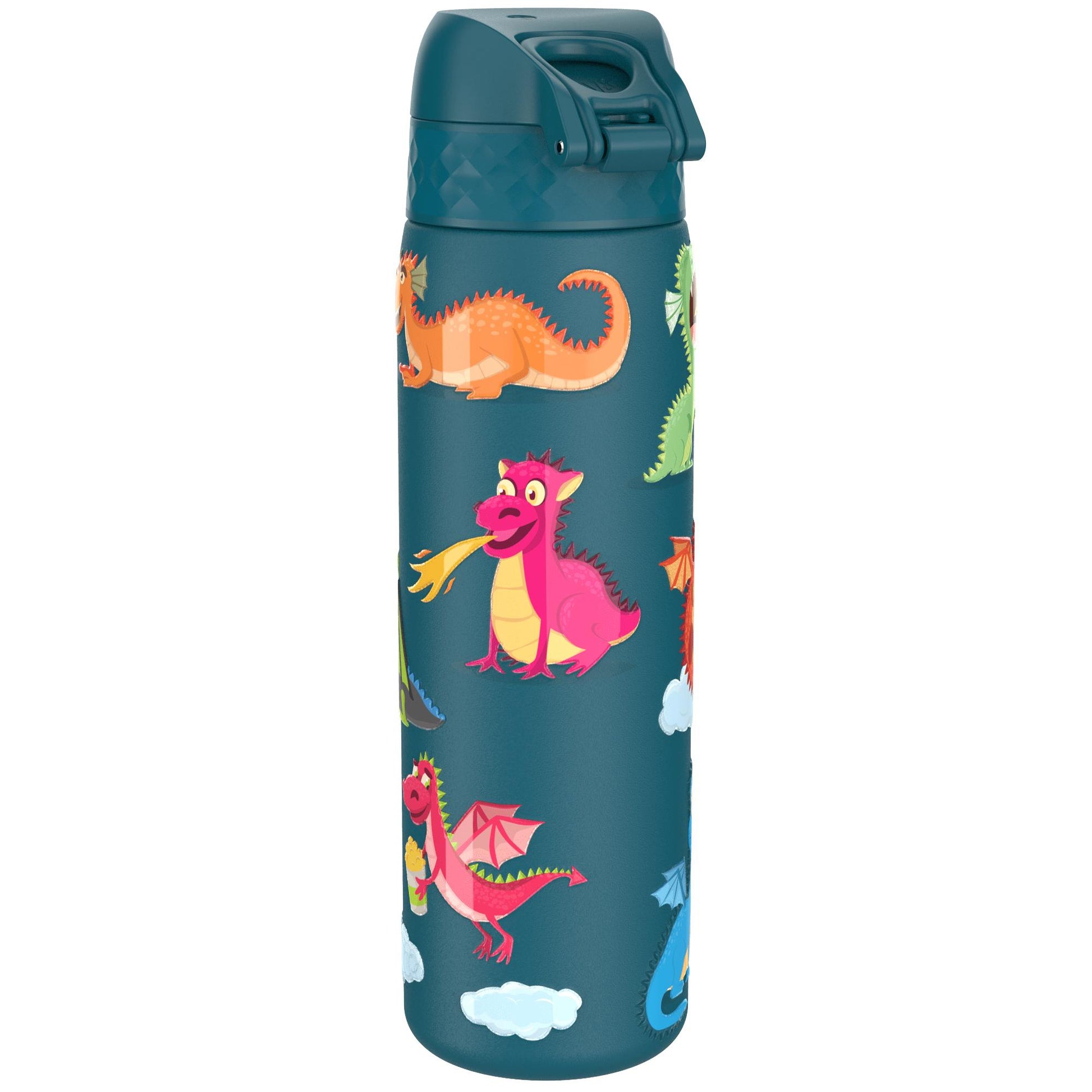 A teal water bottle displays colorful cartoon dragons with playful expressions in various poses against a plain white background.