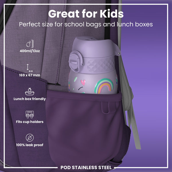 Leak Proof Kids Water Bottle, Stainless Steel, Purple Unicorns, 400ml (13oz)