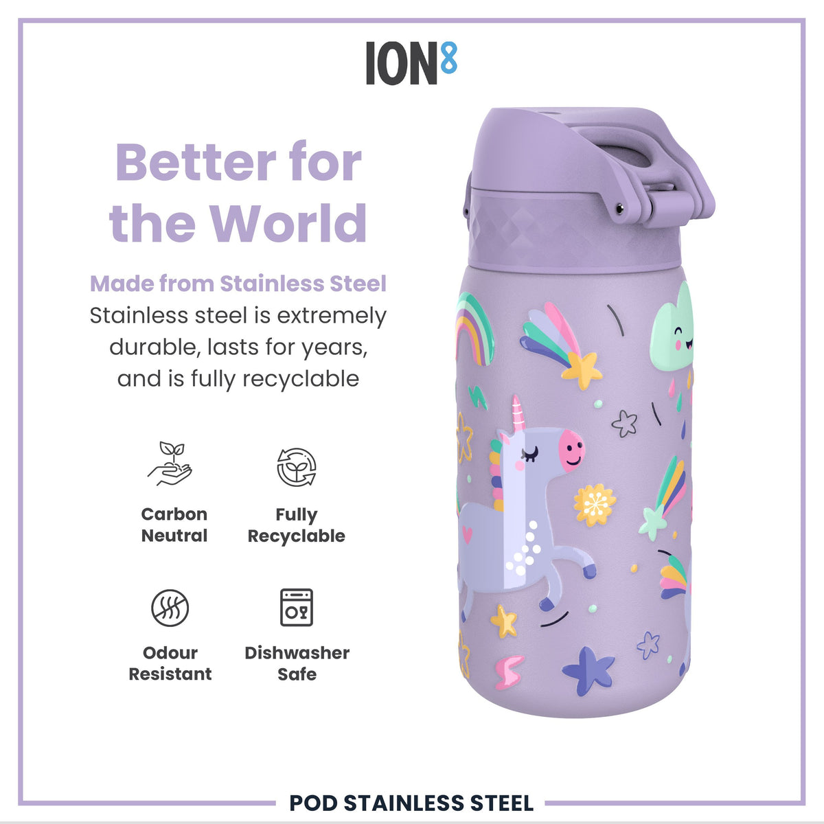 Leak Proof Kids Water Bottle, Stainless Steel, Purple Unicorns, 400ml (13oz)