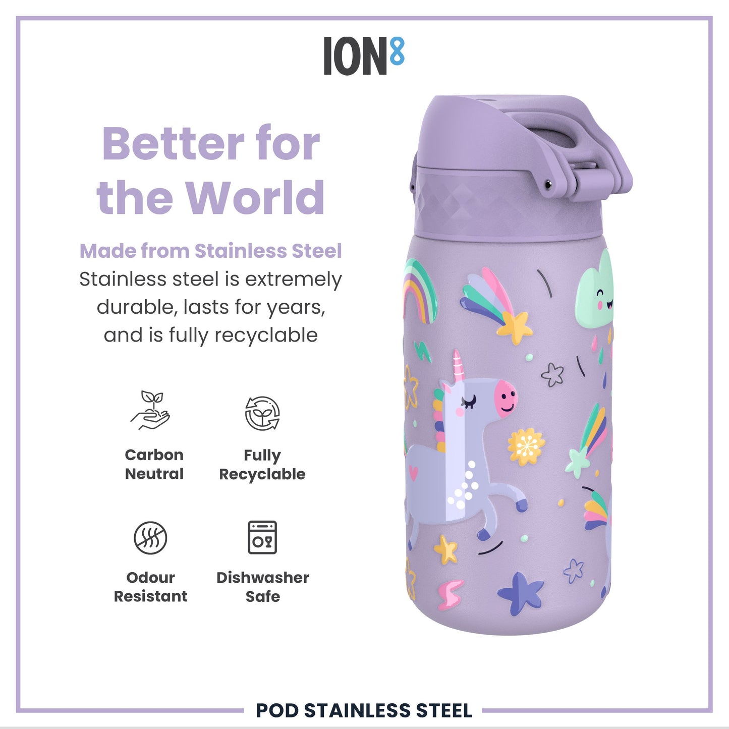 Leak Proof Kids Water Bottle, Stainless Steel, Purple Unicorns, 400ml (13oz)