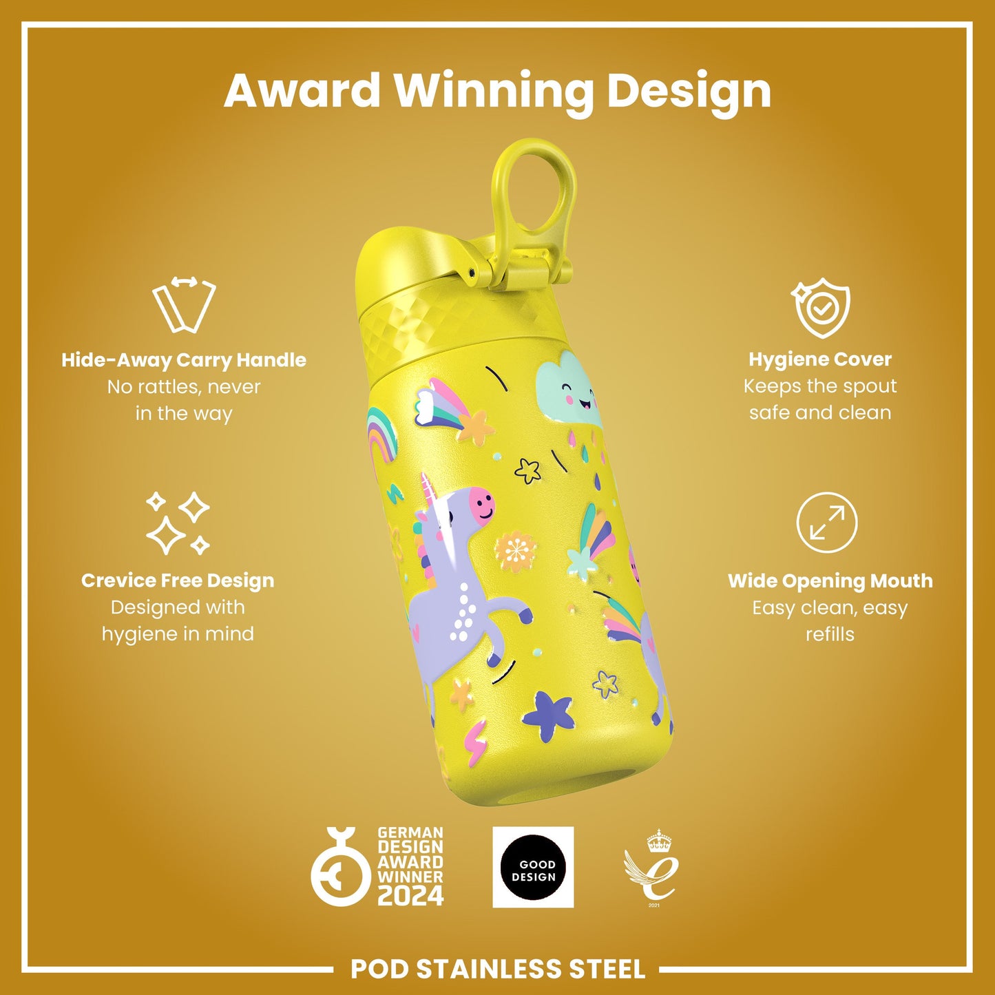 Leak Proof Kids Water Bottle, Stainless Steel, Yellow Unicorns, 400ml (13oz)