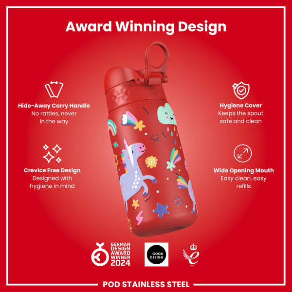 Leak Proof Kids Water Bottle, Stainless Steel, Red Unicorns, 400ml (13oz)
