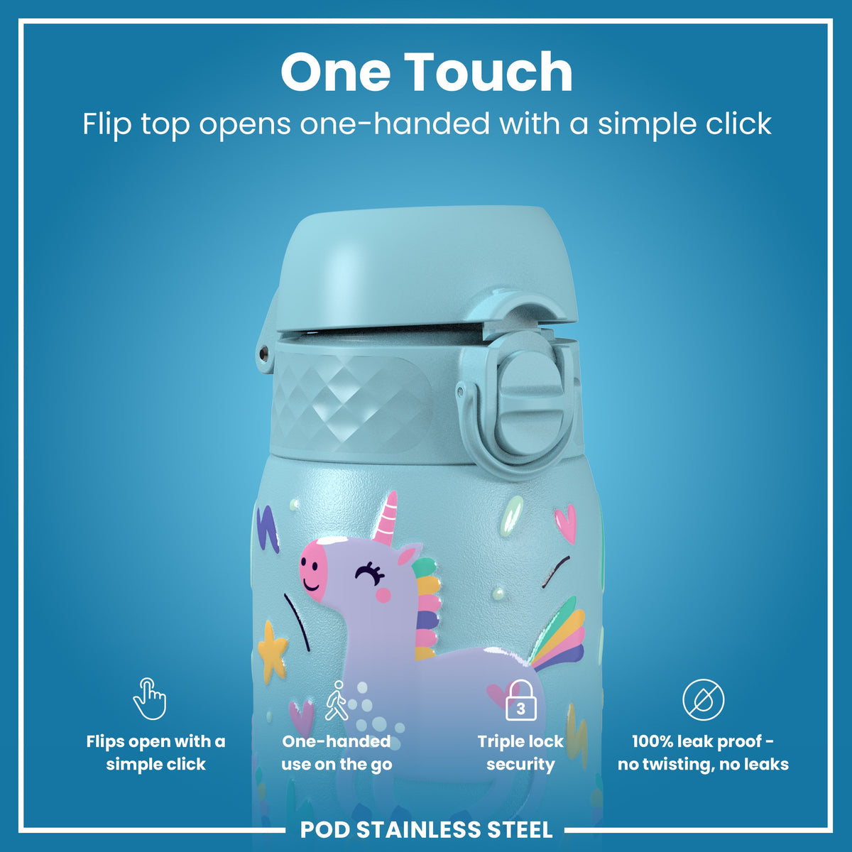 Leak Proof Kids Water Bottle, Stainless Steel, Blue Unicorns, 400ml (13oz)