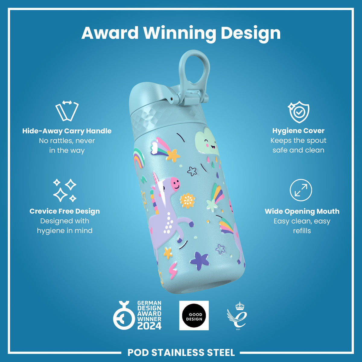 Leak Proof Kids Water Bottle, Stainless Steel, Blue Unicorns, 400ml (13oz)