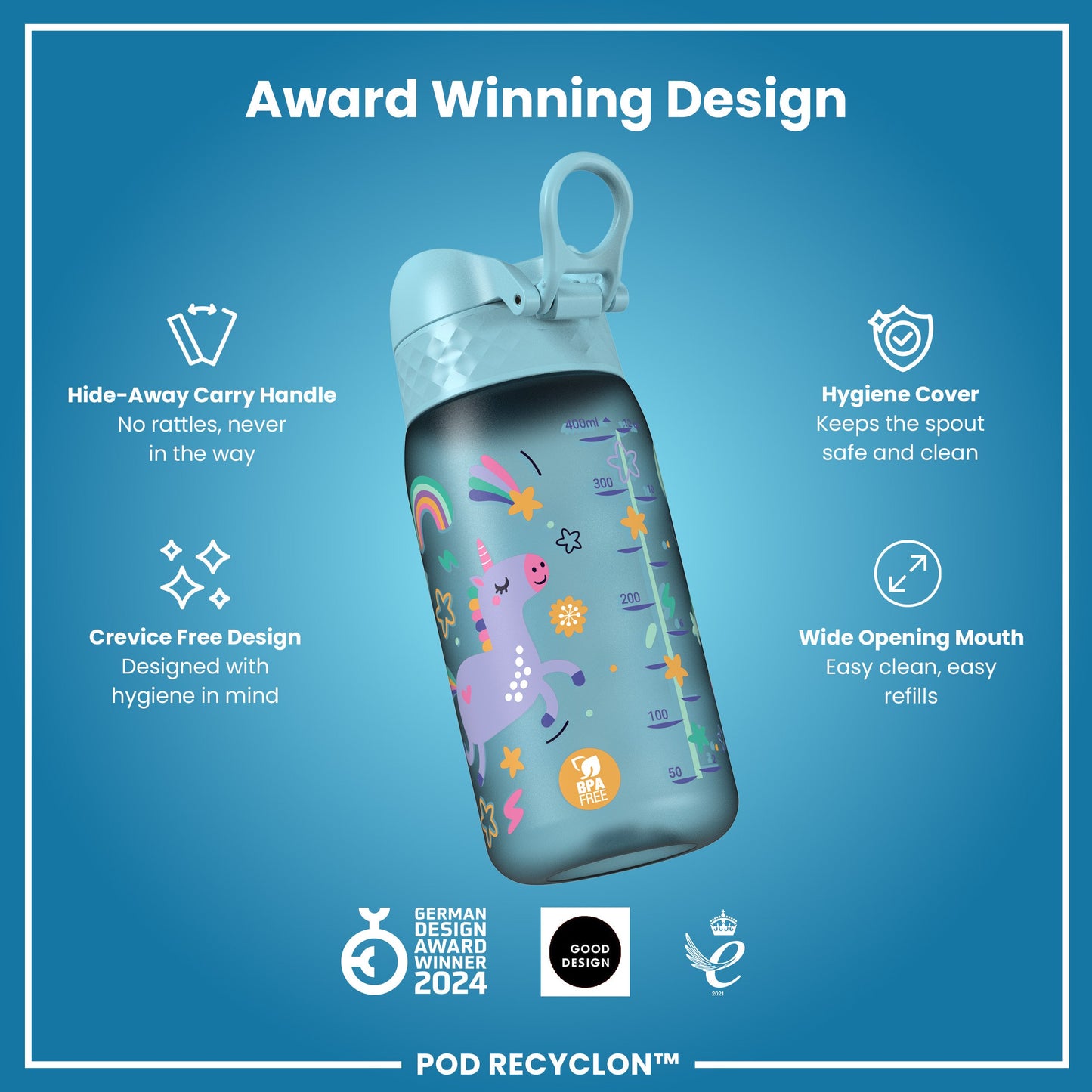 Auslaufsichere Kinderwasserflasche, Recyclon™, Einhörner, 350 ml (12 oz)