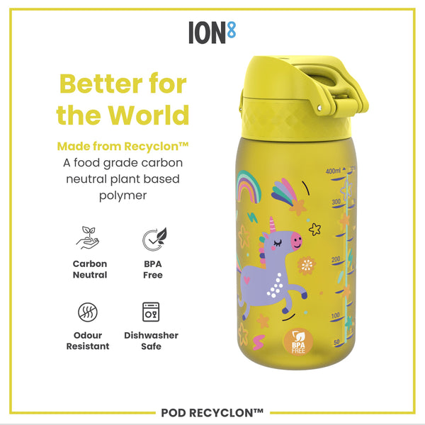 Leak Proof Kids Water Bottle, Recyclon, Yellow Unicorns, 350ml (12oz)
