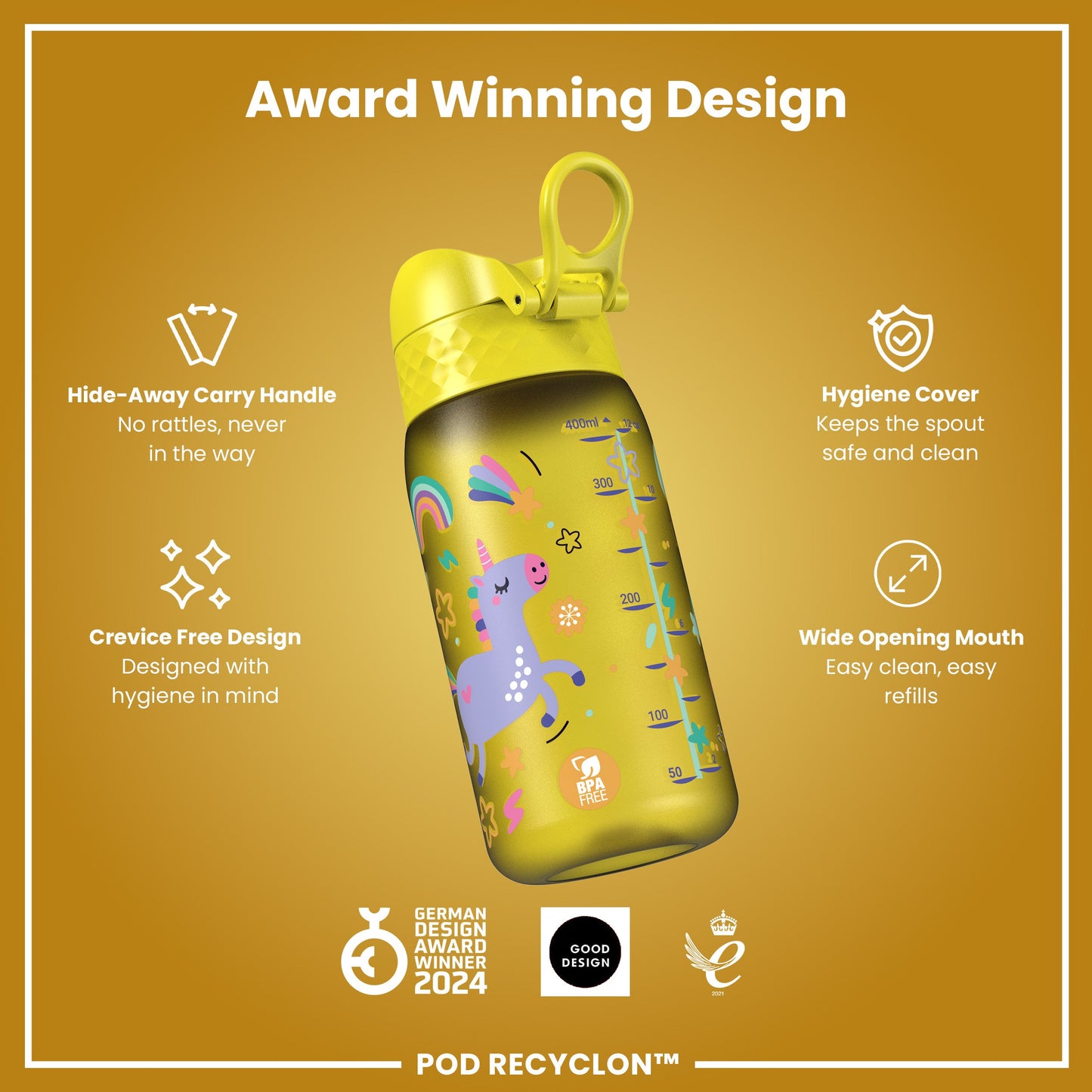 Auslaufsichere Kinderwasserflasche, Recyclon™, Einhörner, 350 ml (12 oz)