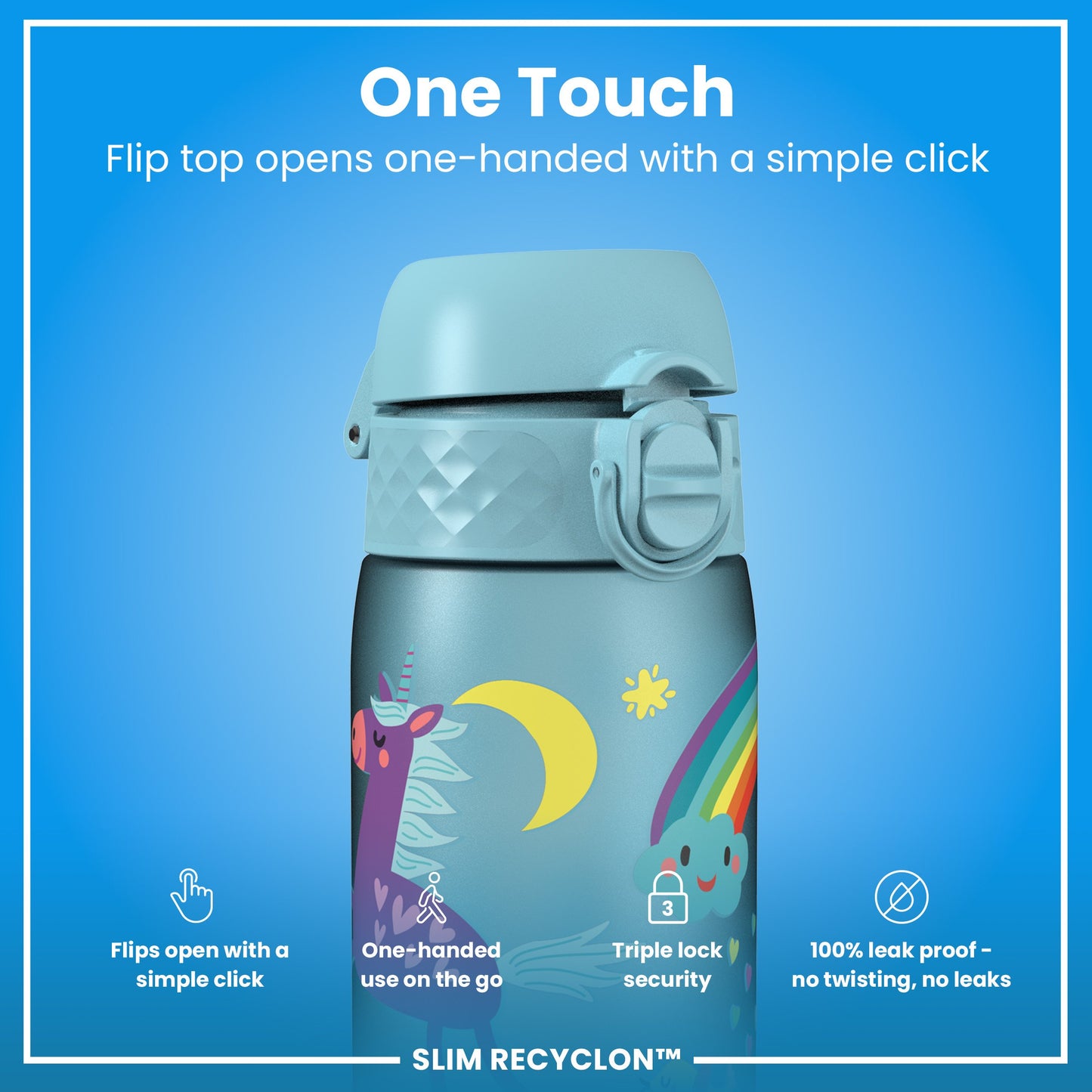 Auslaufsichere, schlanke Wasserflasche, Recyclon™, Einhörner, 500 ml (18 oz)