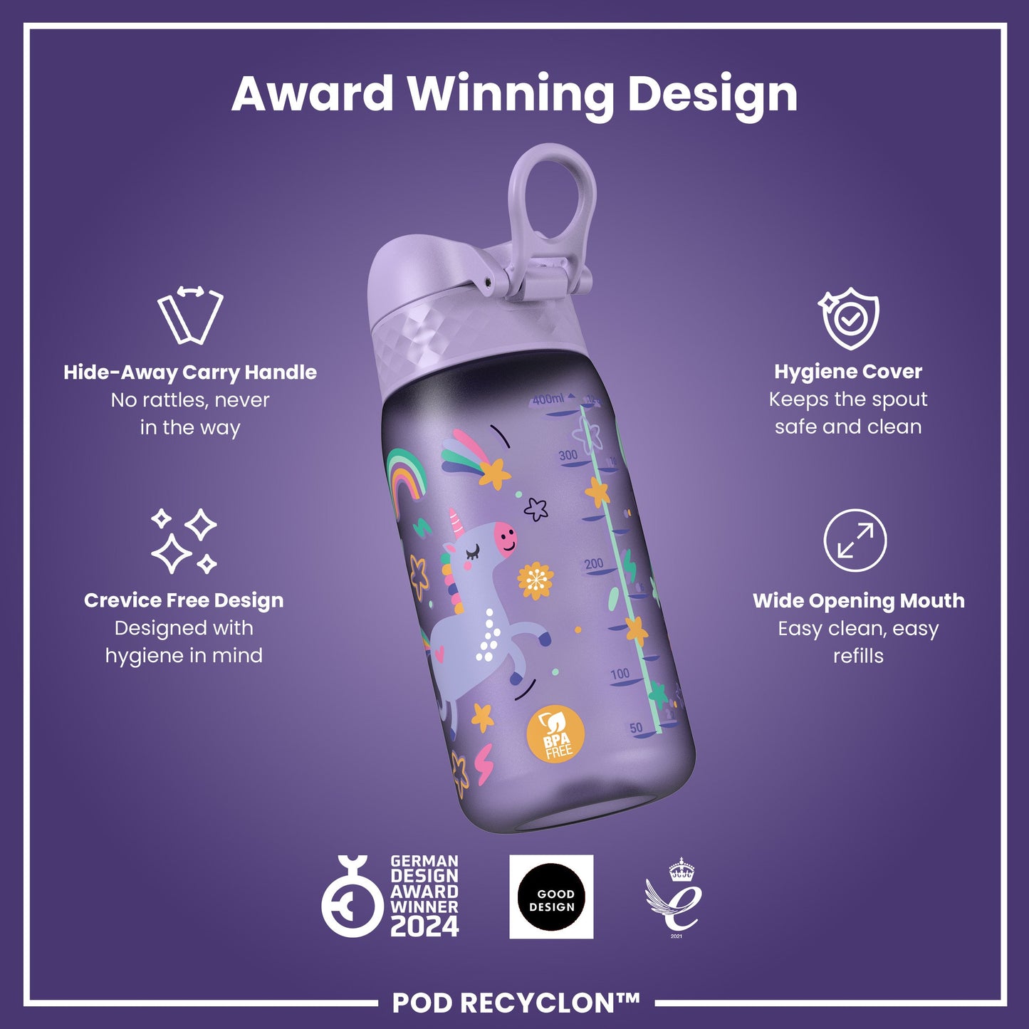 Auslaufsichere Kinderwasserflasche, Recyclon™, Einhörner, 350 ml (12 oz)