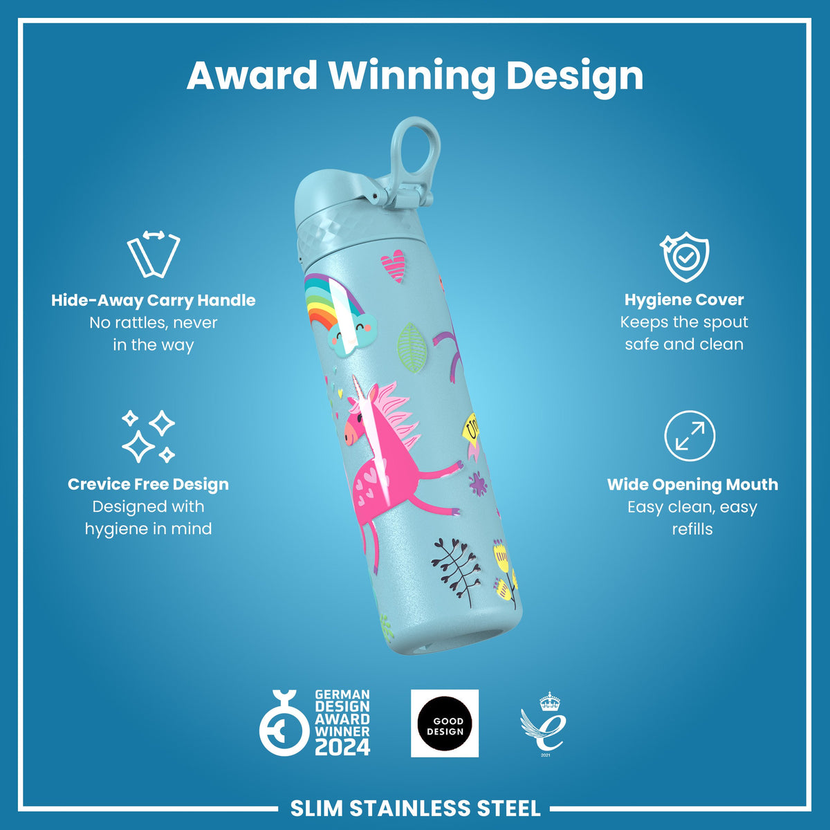 Leak Proof Slim Water Bottle, Stainless Steel, Blue Unicorns, 600ml (20oz)